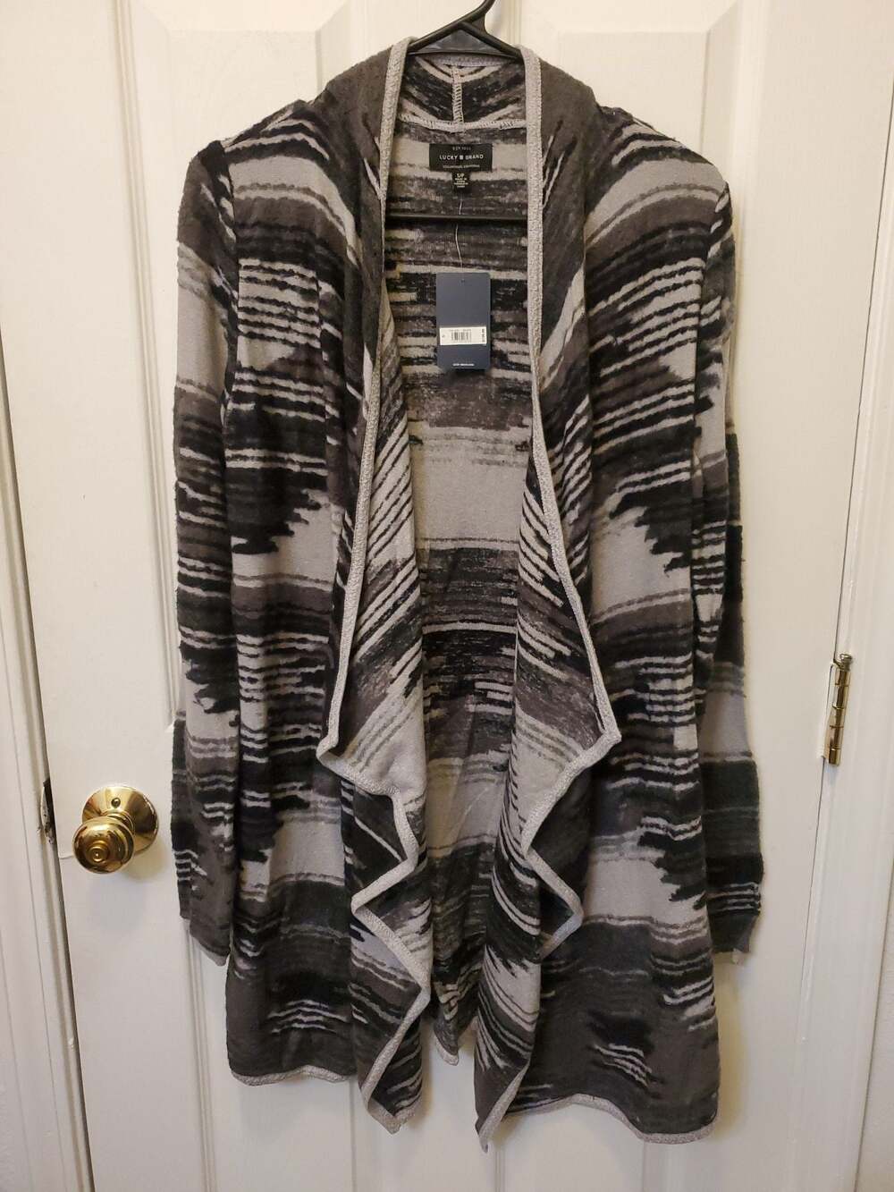 NWT Lucky Brand Aztec Drape Open Front Cardigan Sweater Small Black Gray Boho So